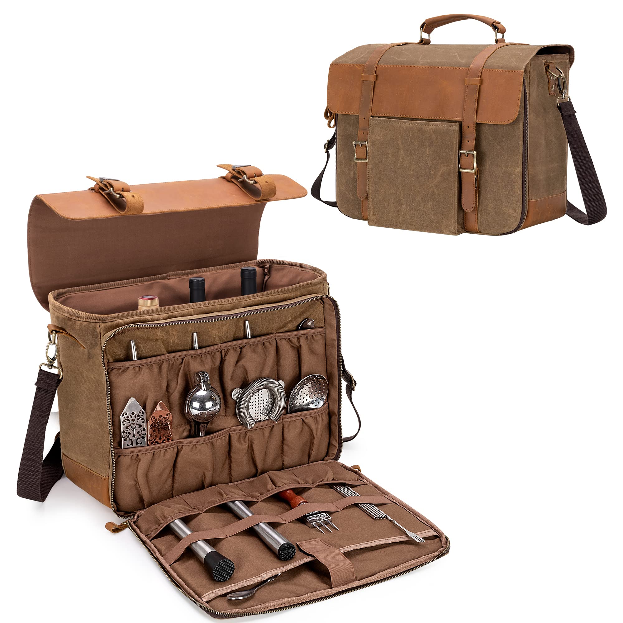Photo 1 of *MISSING PARTS - See Clerk Notes*
LoDrid Portable Bartender Bag for Bar Kits, Vintage Genuine Leather Waxed Canvas Travel Bar Case with Thick Inner Dividers and Adjustable Shoulder Strap for Cocktail Making, Bag Only,(Patent Design)