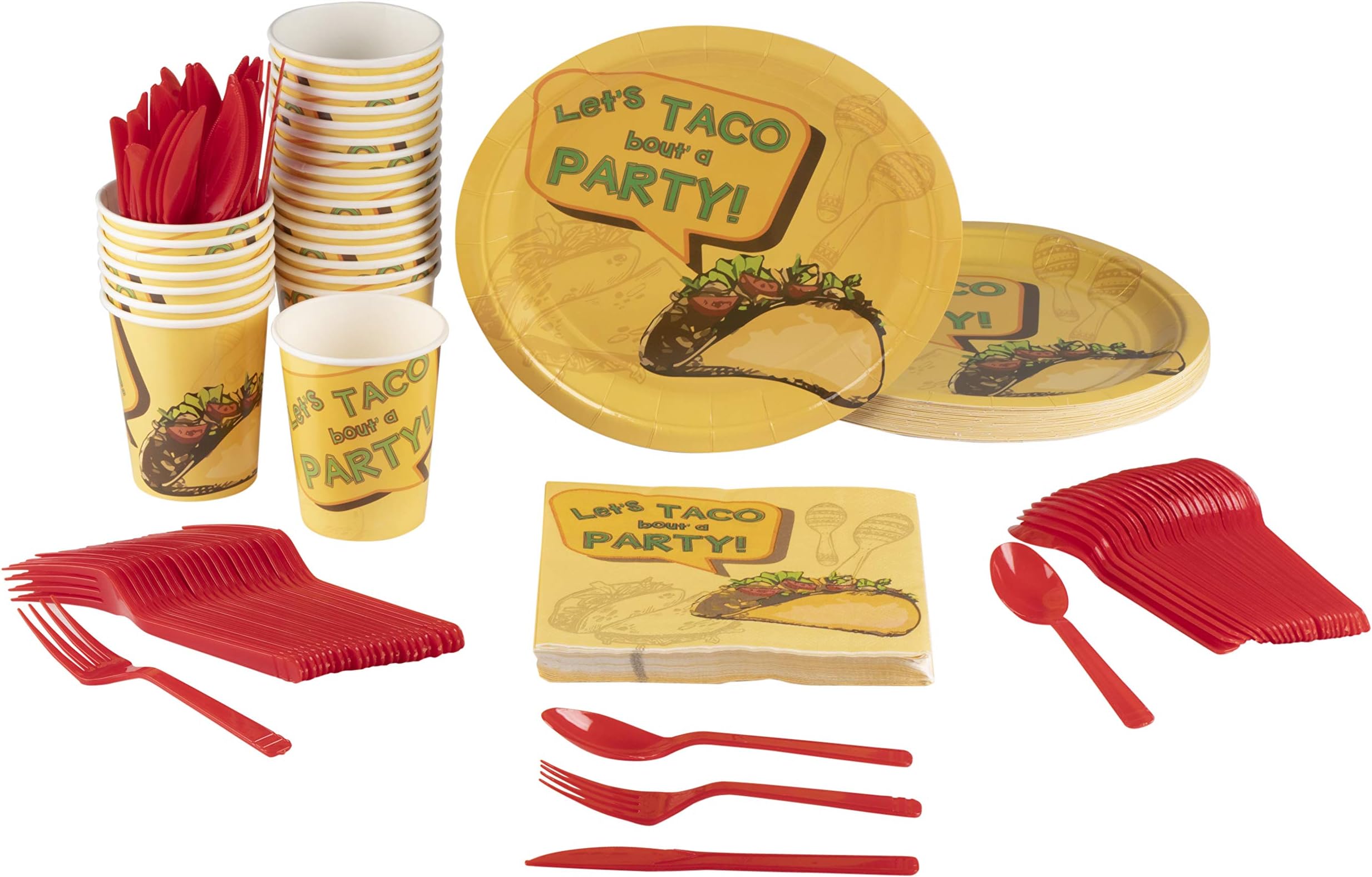 Let's Taco Bout Party Bundle for Birthdays, Fiestas, Includes Plates, Napkins, Cups, and Cutlery (24 Guests,144 Pieces)