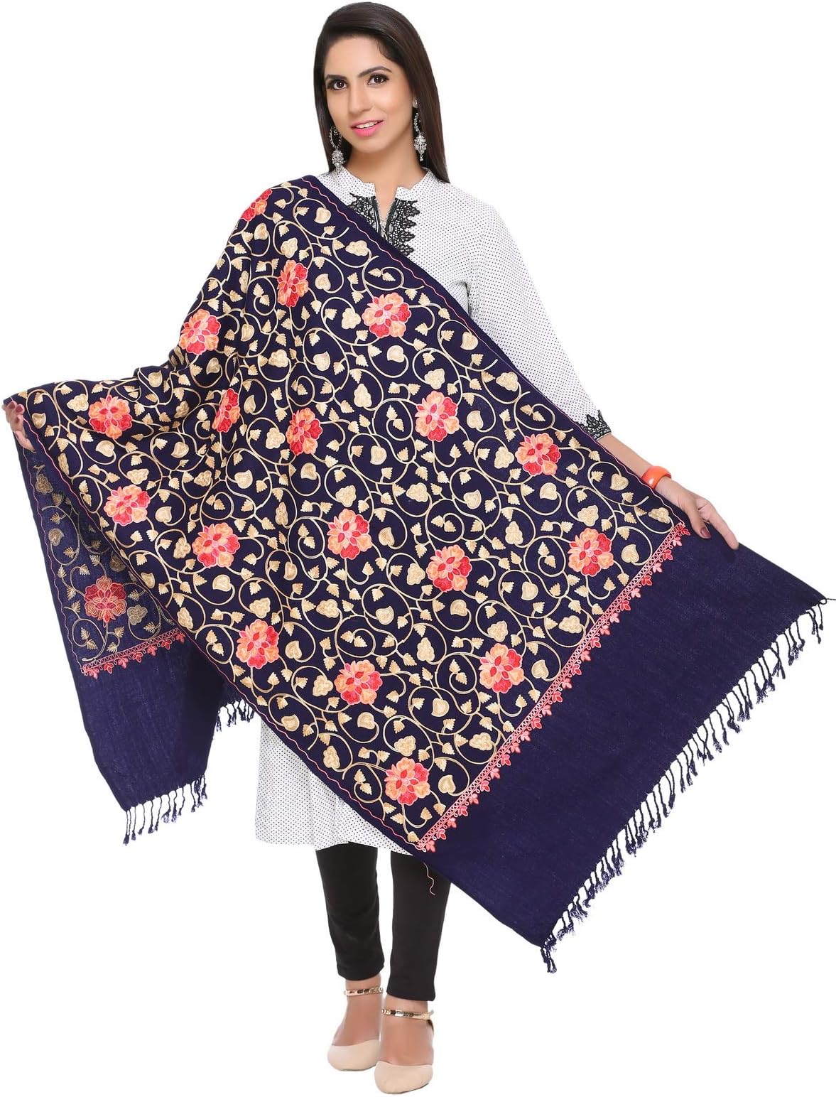 The MadhuSudan Gallery Women's Woollen Embroidered Kashmiri Shawl/Stole Wrap (PA-13, Blue, 28 x 80 Inches)