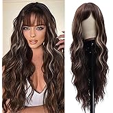 Vomella Brown Wig With Bangs 26 Inch Long Curly Wavy Wigs with Highlights Natural Curly Wig for Women Synthetic Wigs for Daily Party Use