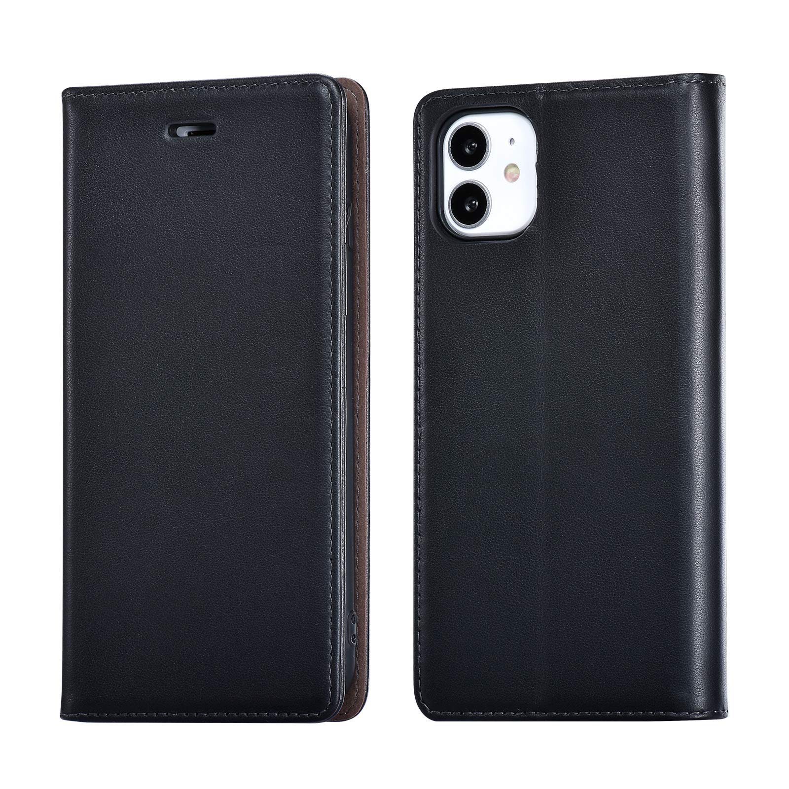 UEEBAI Case for iPhone 11 6.1 inch, Genuine Leather Flip Case with RFID Blocking Luxury Vintage Wallet Cover Soft TPU Shell Card Slots Magnetic Closure Kickstand Protective Case for iPhone 11 - Black