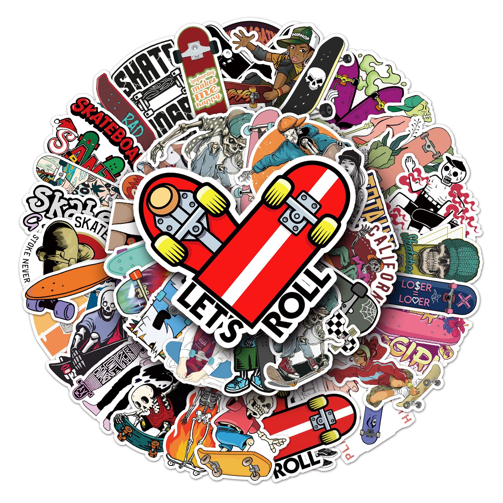 50Pcs Skateboard Stickers Laptop Car Scrapbook Phone Skateboard Suitcase Luggage Bike Cool Skate Stickers Vinyl Waterproof Aesthetic Personalised Stickers for Teens Boys Girls Adults Children
