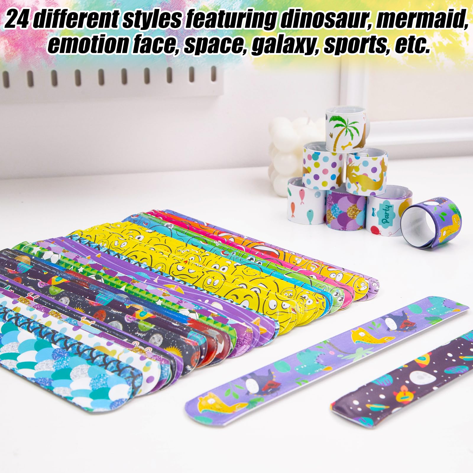 AMOR PRESENT Slap Bracelets Bulk, 48PCS Snap Bracelets for Kids Tie Dye Wrist Band Mermaid Sports for Party Favors Carnival Prizes Goodie Bags Groove Party