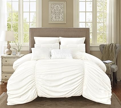 Beautiful 7pc Modern Elegant Ivory White Pintuck Pleated Ruffle