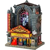 Lemax Fright Night Cinema Lighted Building, 10.24-in for Halloween Village | Midnight Movie Glows with Skulls &amp; Pumpkins | 7.28 x 10.24 x 5.91 In, 3 AA Batteries or Adaptor | Spooky Town Display