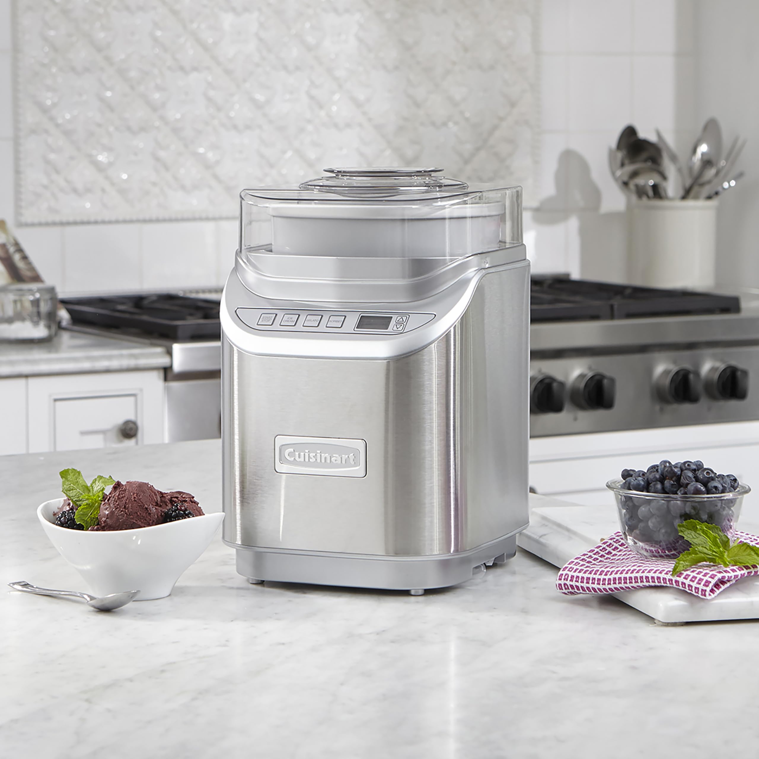 Cuisinart Ice Cream Maker Machine, 2-Quart Stainless Steel Frozen Yogurt, Gelato, Sorbet, Ready in 20 Minutes, LCD Screen and Timer, ICE-70P1