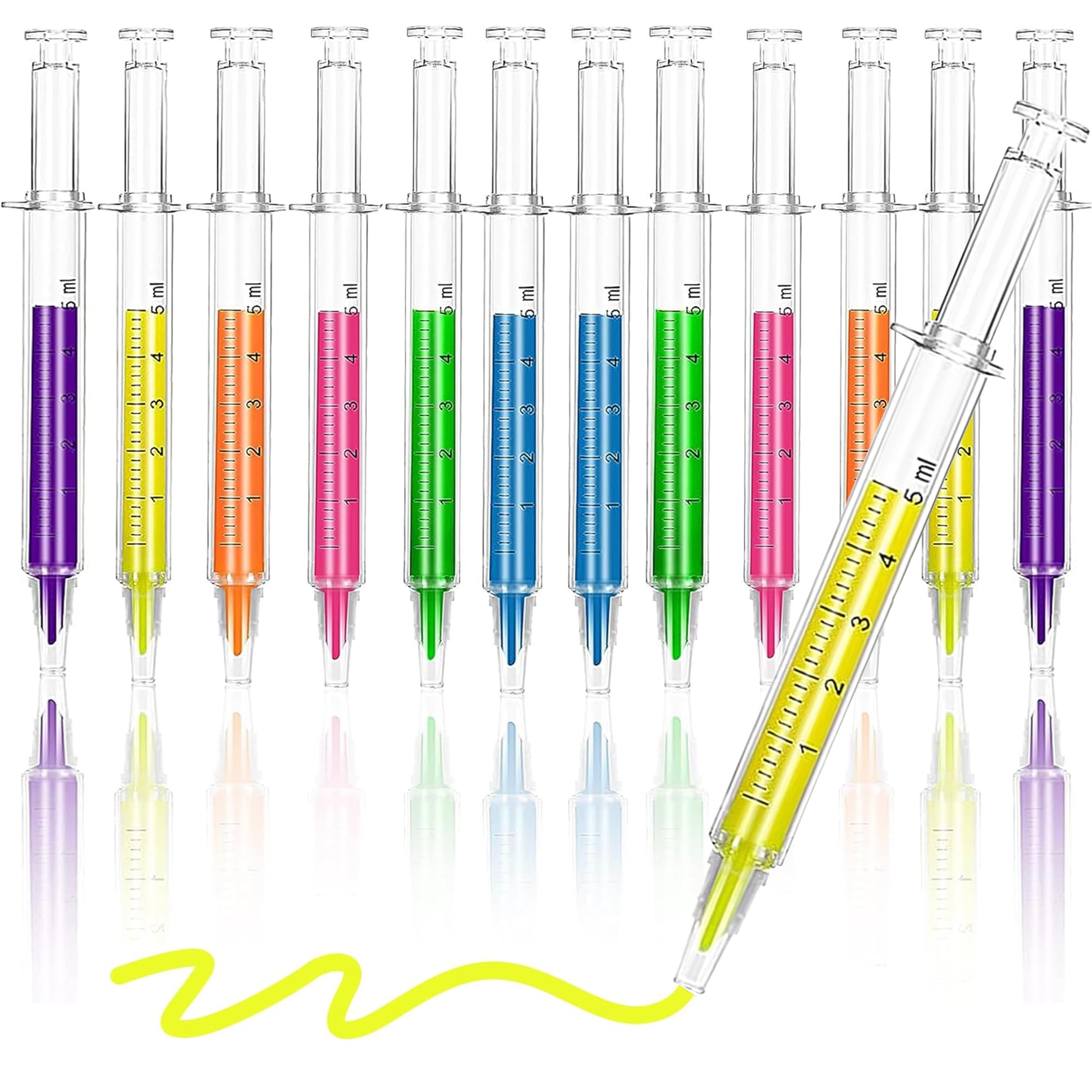 MINGZE Creative Lovely Syringe Highlighters Fluorescent Needle Watercolor Pen with 6 Colors (12pcs)