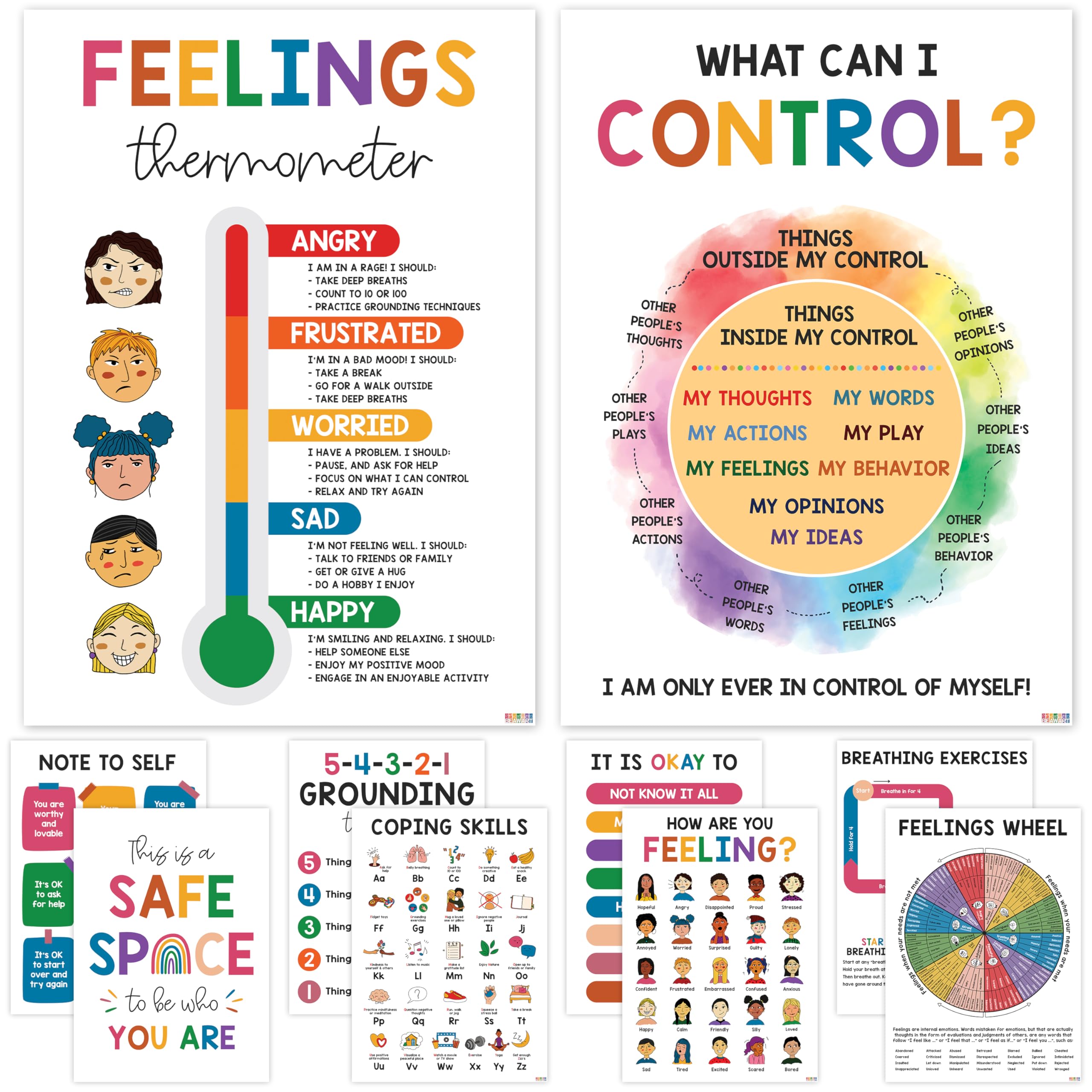 Photo 1 of 10 Mental Health Posters For Kids (10"x14") Therapy Office Decor, Feeling Wheel Poster, What Can I Control, Emotions Chart Kids Inspirational Wall Art, Classroom School Counselor Psychologist Decor