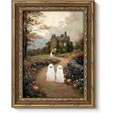 VIYYIEA Halloween Ghost Manor Framed Canvas Art, Spooky Wall Decor, 8x10in | Halloween Framed canvas, Rustic spooky ghost walking to manor with pumpkins, Witchy decor for bathroom & living room