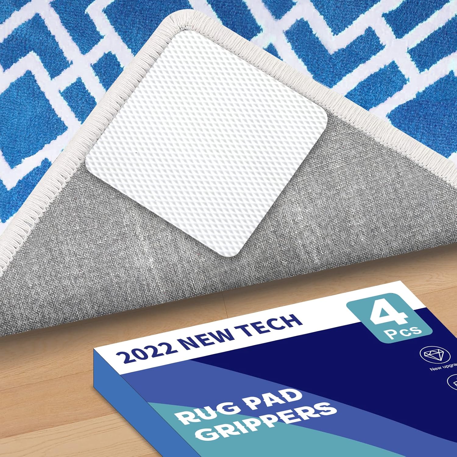 Rugs, Pads & Protectors - Rug Pad Grippers (New Tech 2022), 4PCS Reusable Washable Rug Tape on Hardwood Floors & Tiles, Dual Sided Adhesive Non Slip Rug Pads, Extra Strong Carpet Tape for Area Rugs to Keep Flat and in Place