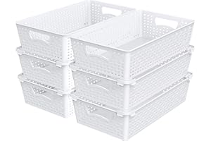 Simple Houseware Stackable Plastic Woven Basket Storage and Pantry Organizer Bin, 6 Pack, White