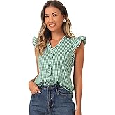 Allegra K Gingham 50s Tops for Women's Cute Cap Sleeve Ruffle Plaid Shirt