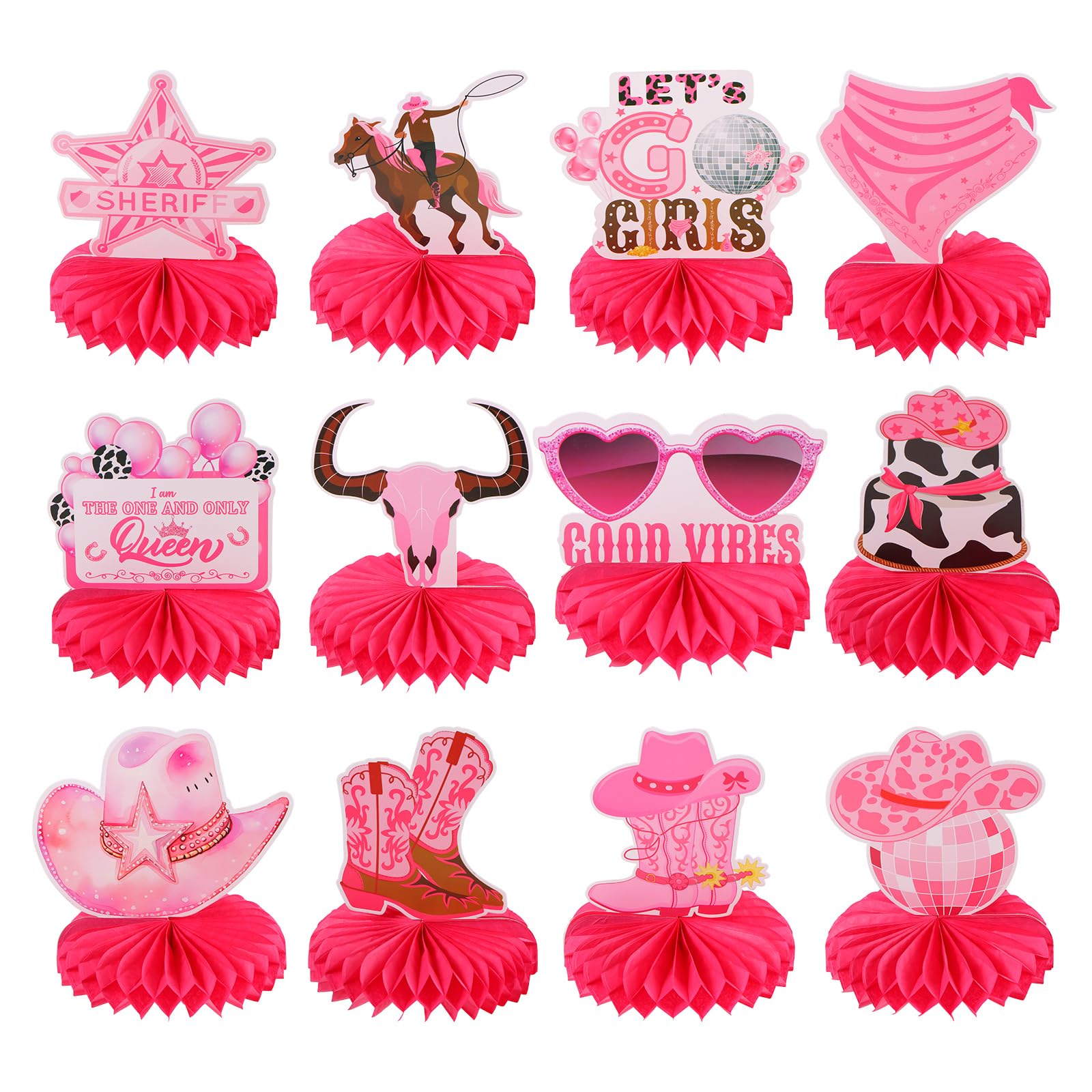 12pcs Let's Go Girls Honeycomb Centerpieces Disco Western Cowgirl Party Table Decorations Bachelorette Cowgirl Party Table Topper Sign Decorations Tabletop Centerpieces for Girls Birthday Celebration