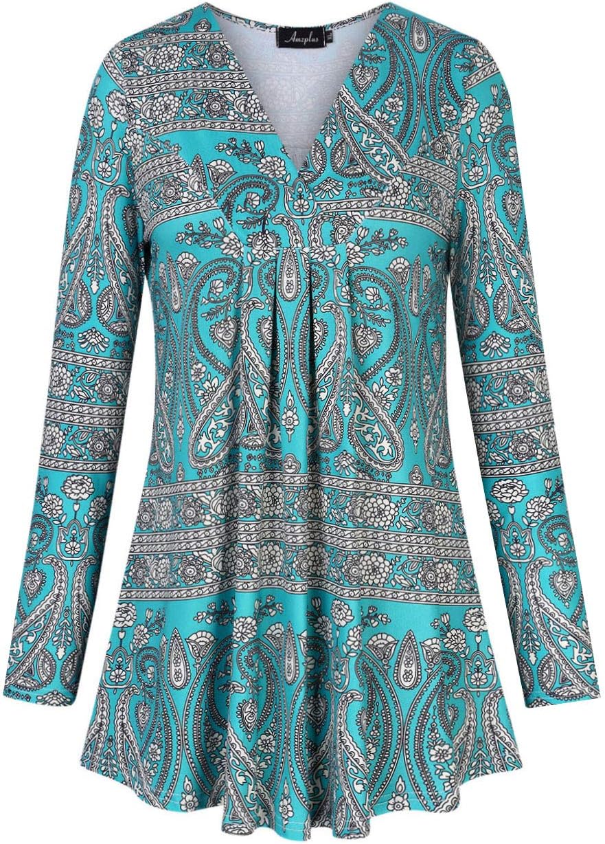 Women's Plus Size Pleated Henley Tops V-Neck Loose Blouse Casual Tunic Shirt