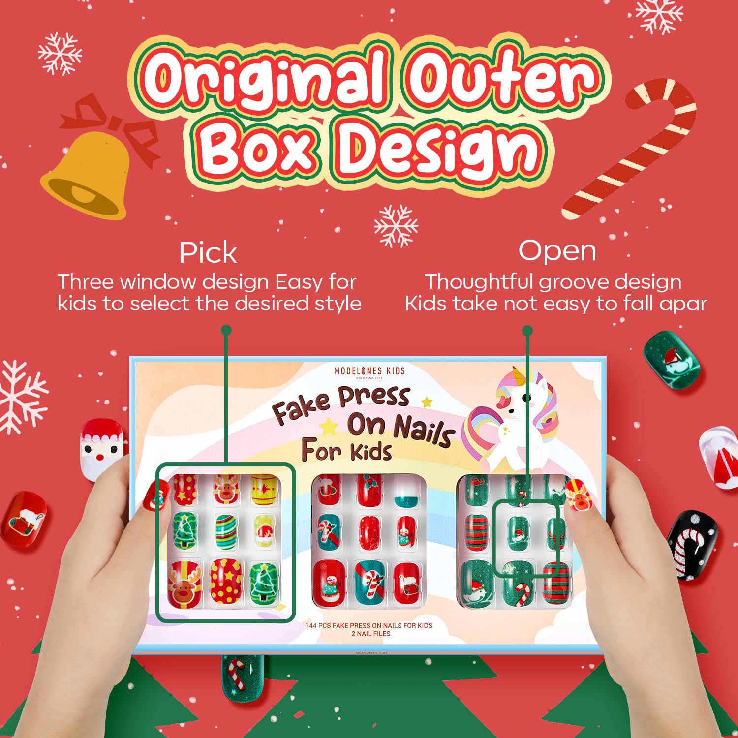 Modelones Christmas Press on Nails for Kids 144Pcs 6 Pack Children Girls Toys 8-10 Acrylic Fake Nails Pre-glue Full Cover Snowflake Red Xmas Short False Nail Art Kits Sets Gifts For Kids Girls - Image 5