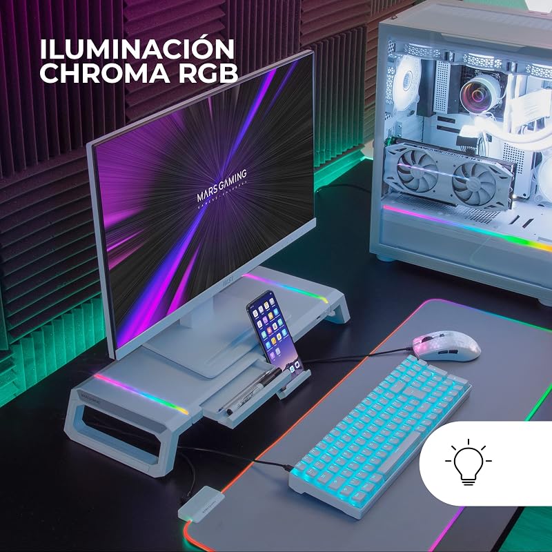 Suporte de desktop para monitores mars gaming mgs-one branco ajustável a 3 tamanhos porta usb 2.0 branca