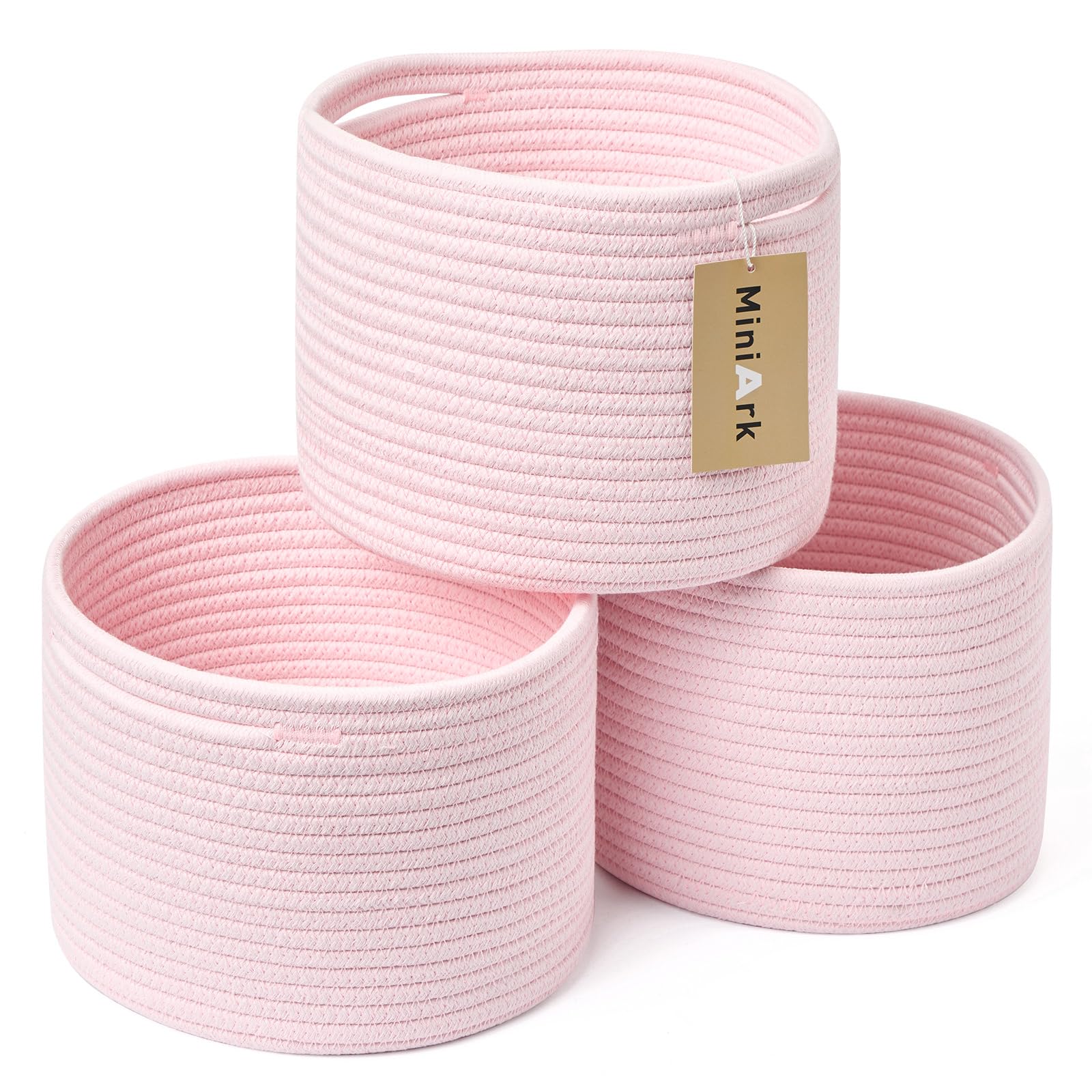 Photo 1 of MiniArk Small Basket for Organizing | Cube Shelf Closet Storage Baskets | 9.7×9.7×7.1” | Woven Rope Gift Basket | Nursery | Round 3 Packs Light Pink