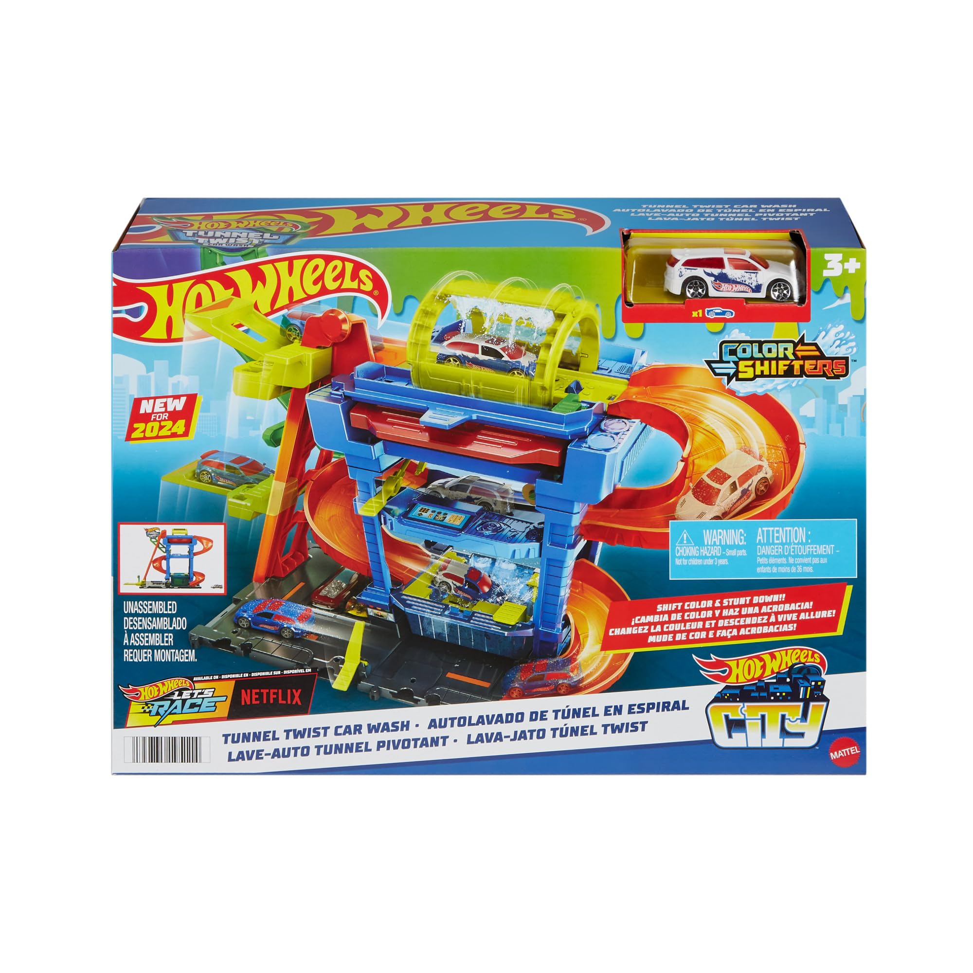 Hot Wheels Let's Race Netflix - City Toy Car Track Set, Tunnel Twist Car Wash with 1 Color Shifters Vehicle in 1:64 Scale, HTN80