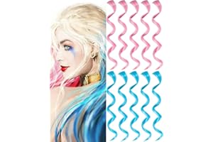 Olldag 10 PCS Pink and Lake Blue Hair Extensions, Curly Wavy Synthetic Hairpieces Clip in Rainbow Neon Party Highlights, Colorful Hair Accessories for Women 17 inch (Pink Lake Blue)