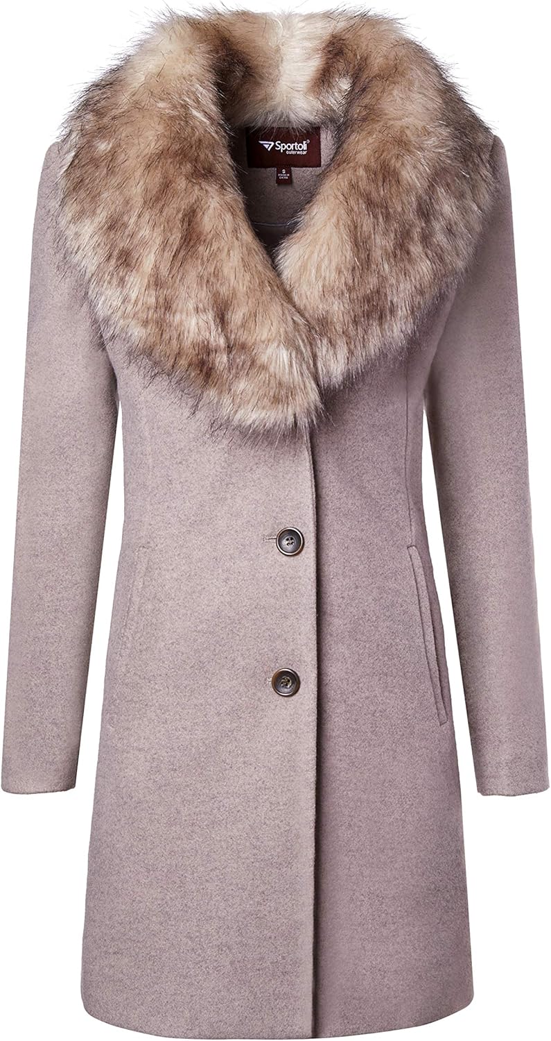 Sportoli Coats for Women Faux Wool Single Breasted Winter Jacket with Detachable Fur: Clothing