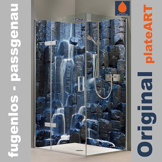 ORIGINAL plateART Eck-Duschrückwand, Rückwand Dusche Alu OHNE FUGEN, Fliesenspiegel, Fliesenersatz, Basalt Prismen Wasserfall