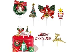 NOBGUM 6Pcs Christmas Cake Decorations Xmas Cake Toppers Santa Deer Star Tree Bell Garland Festive Stand UP Muffin Cupcake Topper for Christmas Party Table Cake Edible Birthday Wedding Decor Supplies