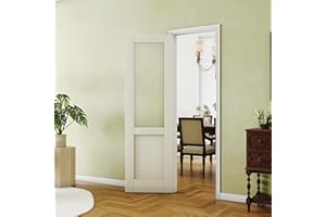 Lakenyon Half-Frosted Glass Interior Door, 24"x 80", French Doors for Wardrobe & Bedroom, Single Pantry Door Slab, MDF, White Primed