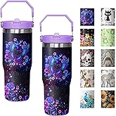 mvhsuoem 30 oz Butterfly Purple Flip Straw Tumbler with Top Handle for Butterfly Purple Lover Resuable Vacuum Insulated Flip Top Water bottle for Home Office Car