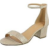 Over the Toe Strap Ankle Wrap Strap Heel Open Toe Block Heel 2" Low, Champagne, 6.5
