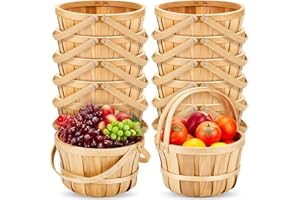 Marsui 10 Pcs Large Wooden Bushel Baskets 11 x 6.5'' Wicker Berry Apple Fruit Bushel Baskets with Handle for Autumn Harvest Garden Storage Farmers Personal or Commercial Use