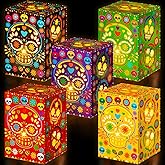 Pasimy 30 Pcs Day of The Dead Decorations Sugar Skull Candle Holder Boxes Decorative Hollowed Paper Boxes Luminary Bags for Halloween Dia De Los Muertos Party Decor Supplies, 5 Styles(Dark,Classic)