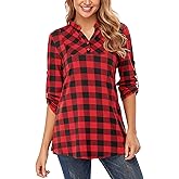 Miusey Womens Buffalo Plaid Roll Sleeve V Neck Flowy Loose Tunic Blouse