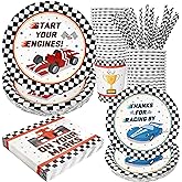 Recheel Racing Car Party Supplies Decorations, Checked Race Car Theme Birthday Paper Plates and Napkins Set with Cups and Straws for 24 Guests, 120 Pcs Disposable Party Dessert Dinnerwares