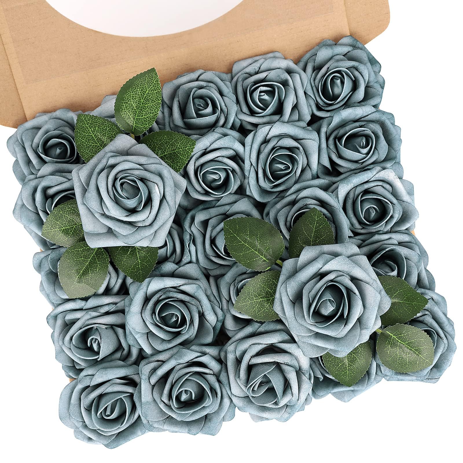 N&T NIETING Artificial Roses Flowers, 25Pcs Real Touch Foam Rose with Stem for DIY Wedding Bouquet Party Cake Valentine's Day Mother's Day Home Centerpiece Decor, Dusty Light Green — image 1