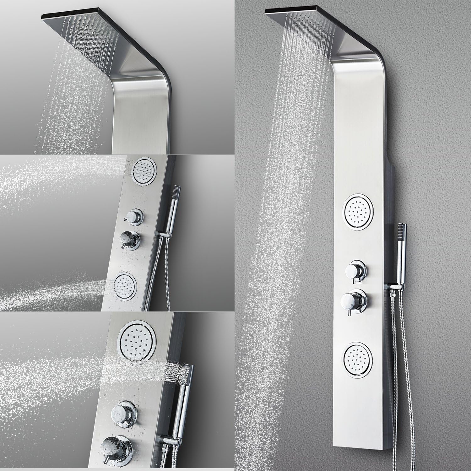 Vantory VS157 55'' Stainless Steel Rainfall Style Massage Spray Bathroom Multi-Function Shower Panel Tower System