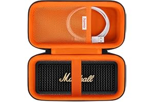 Supmay Hard Carrying Case for Marshall Emberton II/III Portable Bluetooth Speaker, Wireless Speaker Protection Case with Mesh Pocket for USB-C Charging Cable, Black+Orange
