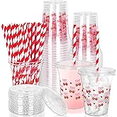 JarThenaAMCS 50Pcs Pink Bow Strawberry Disposable Plastic Cups with Lids and Straws 12Oz Cute Bowknot Strawberry Cold Beverage Drinking Cups for Summer Birthday Wedding Party Supplies