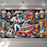 BlissYard Dia de los Muertos Banner 71 x 43 Inch Day of the Dead Backdrop | Day of the Dead Decorations, Sugar Skull Mexican Fiesta Photography Background with Skeleton Dancers for Halloween Party