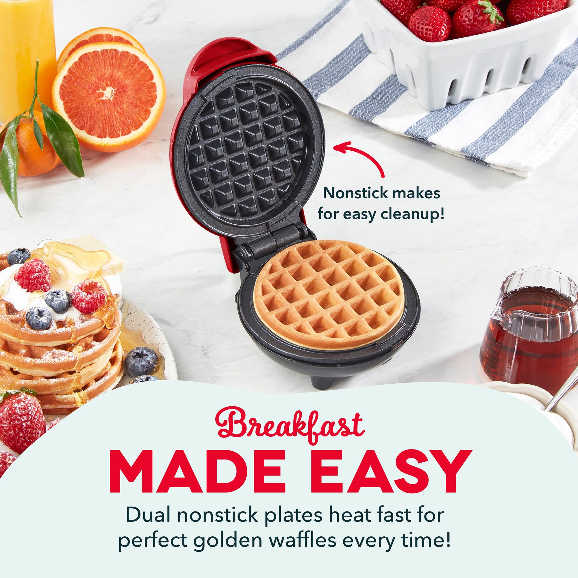 DASH Mini Waffle Maker - 4” Waffle Mold, Nonstick Waffle Iron with Quick Heat-Up, Nonstick Surface - Perfect Mini Waffle Maker for Kids and Families, Just Add Batter (Red)