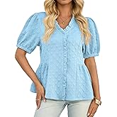 Cicy Bell Womens Peplum Puff Sleeve Tops Dressy Casual Summer Textured Blouses V Neck Ruffle Pleated Shirts