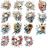 Wezdopu 15Pcs Flower Skull Iron on Transfers Horror Goth Punk Skeleton Vinyl Heat Transfer Iron on Stickers for T-Shirt Clothing Jacket Hat Backpacks DIY