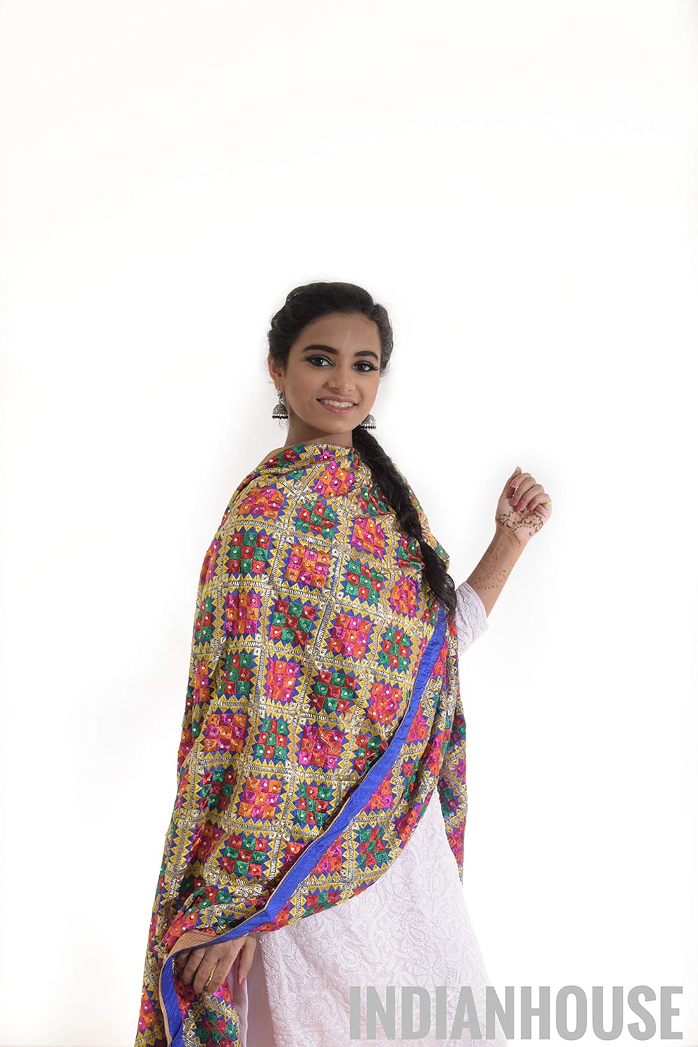 indian house women's chinnon phulkari saree (kaanta1050, blue)