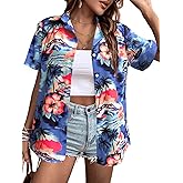 Hawaiian Button Up Shirts Women Floral Palm Trees Graphic Tees Hawaii Vacation Beach Short Sleeve Blouse Tops
