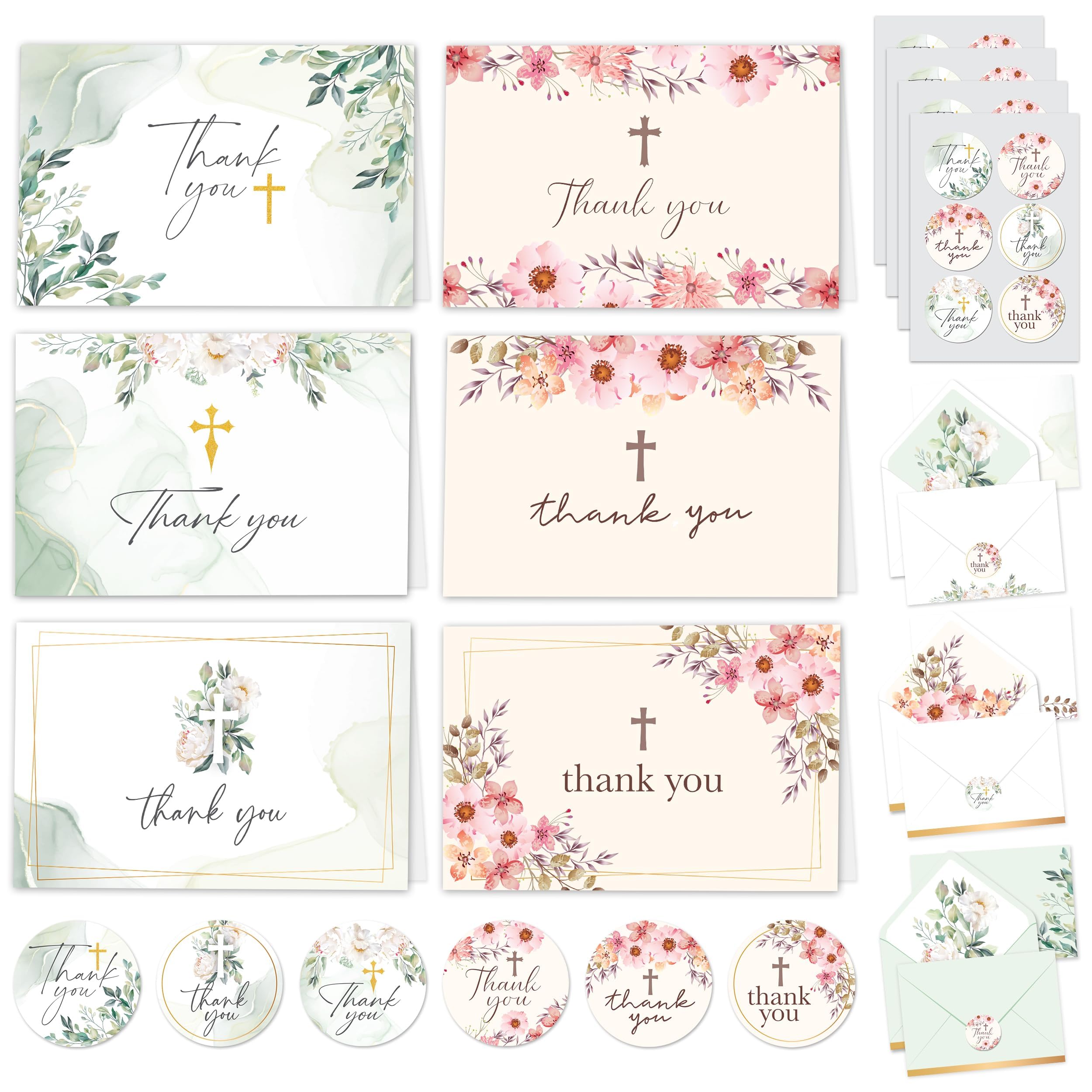 Decorably 24 Pack 6x4in Christian Thank You Cards with Envelopes and Stickers, 6 Designs Religious Thank You Cards, Blank Inside - Baptism, First Communion
