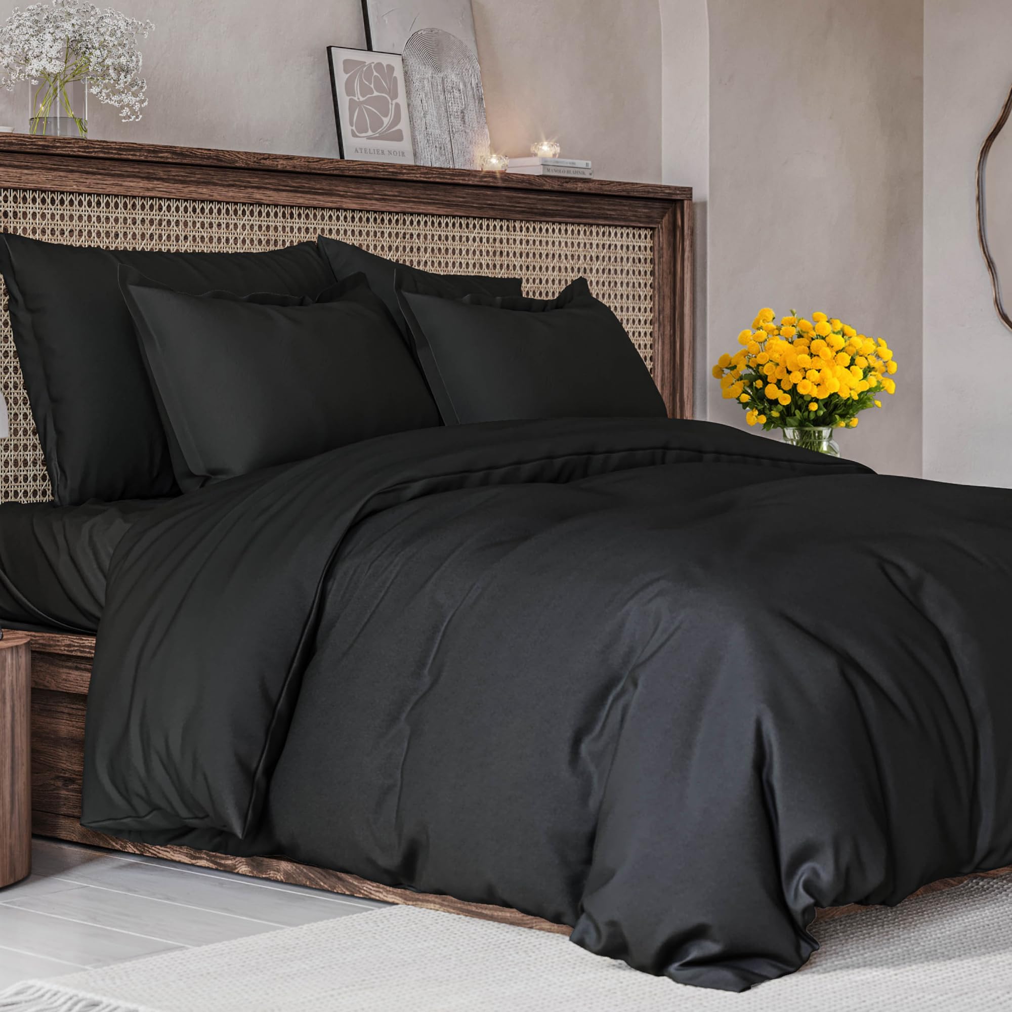 Photo 1 of Duvet Cover King Size Set - Extra Soft King Size Duvet Cover - 104" x 90" King Duvet Cover w/ 2 Pillow Shams - Hotel Luxury, Easy Care & Fade Free - Comforter Cover w/ Zipper Closures & Ties (Black)