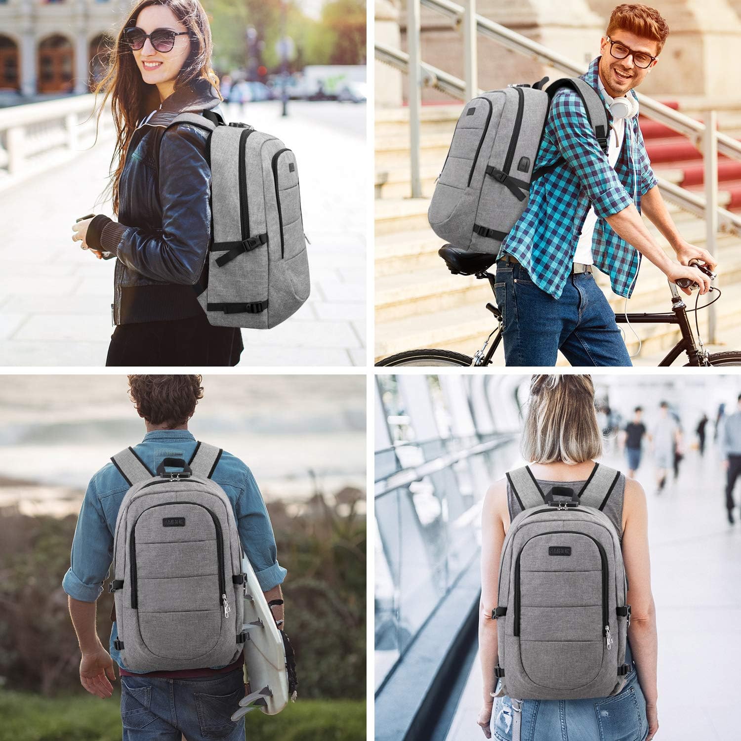 Travel Laptop Backpack, AMBOR 15.6-17.3 Inch Anti Theft Business Backpack with USB Charging Port and Headphone Interface,Large Computer Backpack School Daypack Backpack for Women and Men-Grey: Computers & Accessories