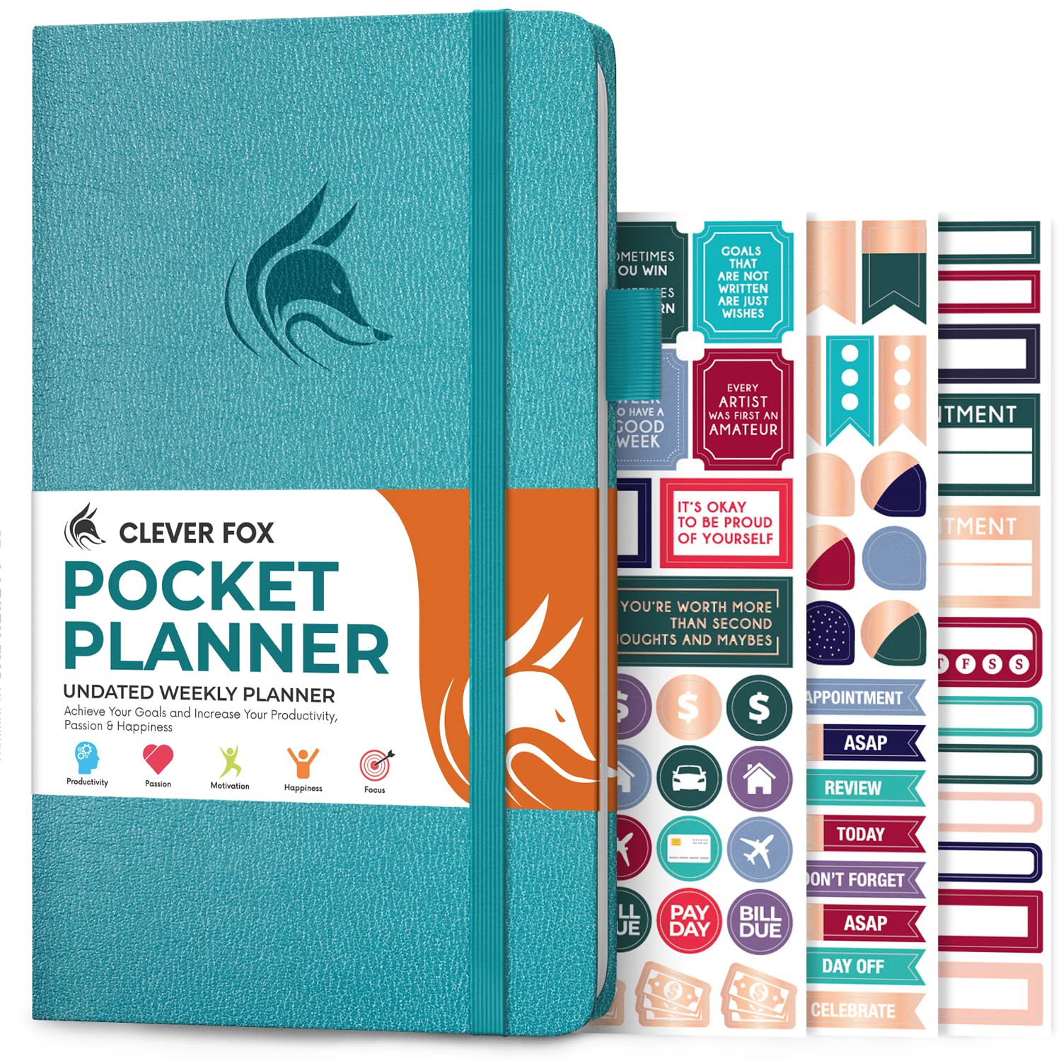 Clever Fox Pocket Weekly – Undated Monthly Goal Planner and Calendar, Mini Planner Perfect for Purse, 10x17.5cm (Aquamarine)