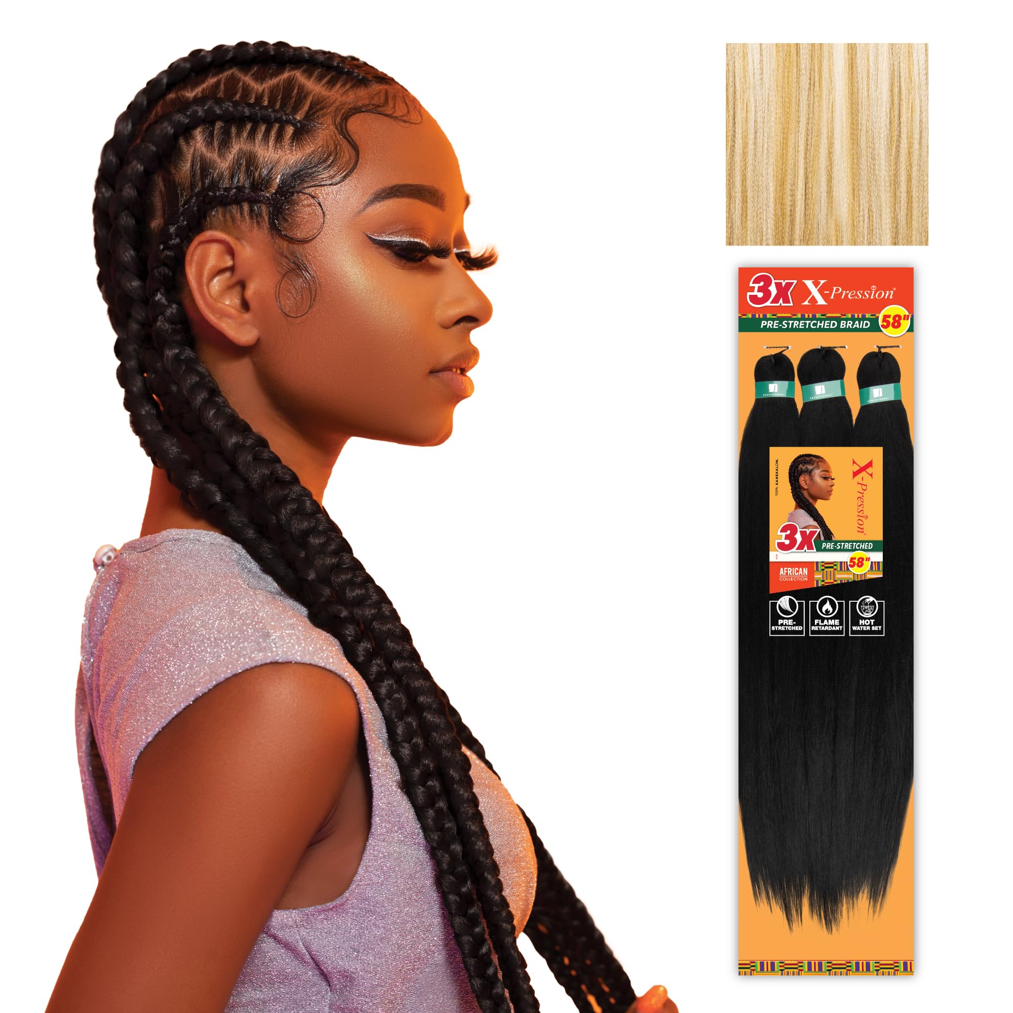 Photo 1 of Sensationnel X-pression prestretched braiding hair - 3x braid 58 inch all kanekalon flame retardant synthetic braid for box braids and twists (1 pack, M27/613)