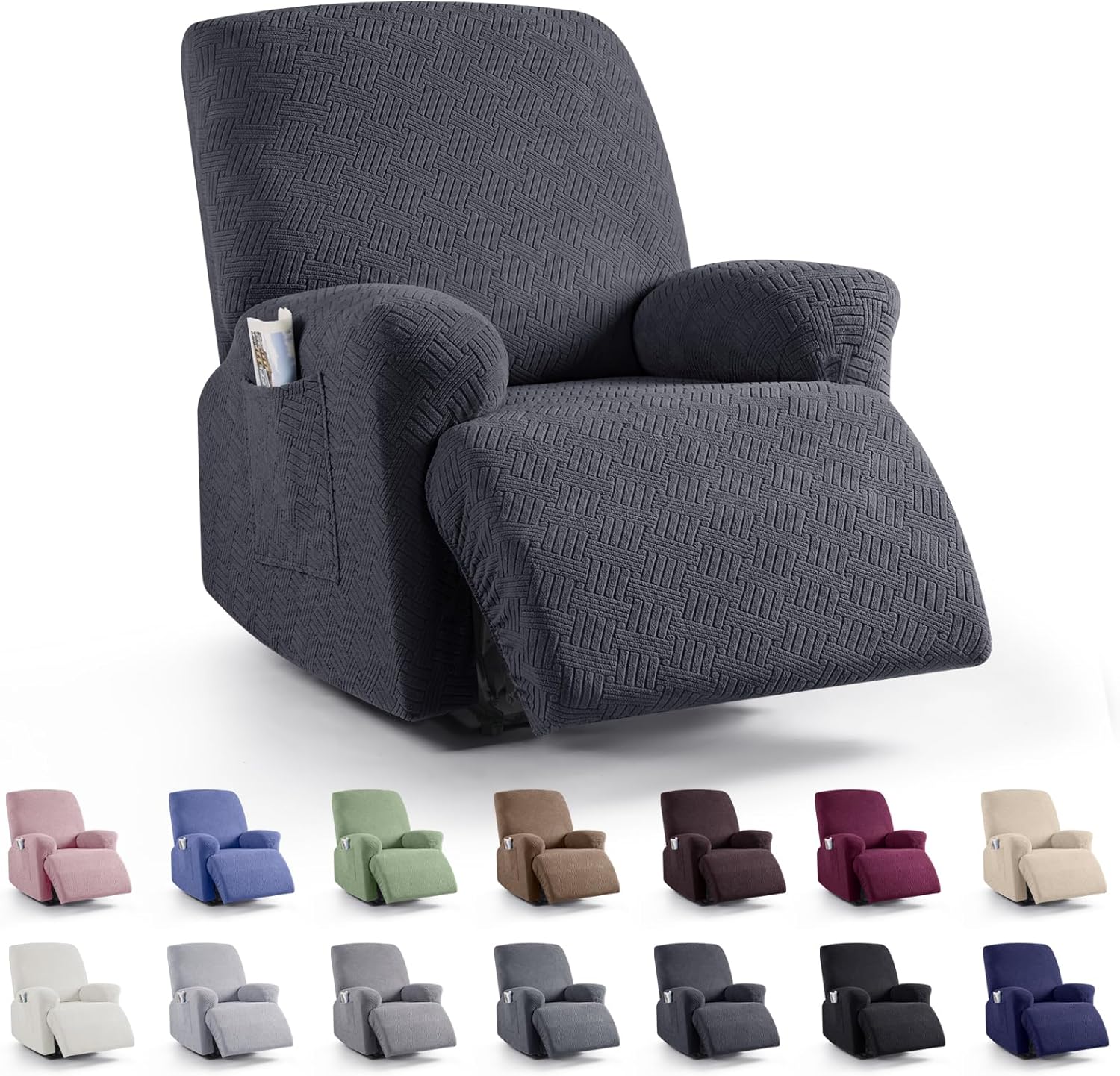 Slipcovers - KinCam 3 Pieces Recliner Chair Covers, Stretch Reclining Chair Covers, Sofa Slipcovers Stripe Jacquard Recliner Covers Furniture Protector Covers with Elastic Bottom for Kids, Pets (Charcoal Gray)