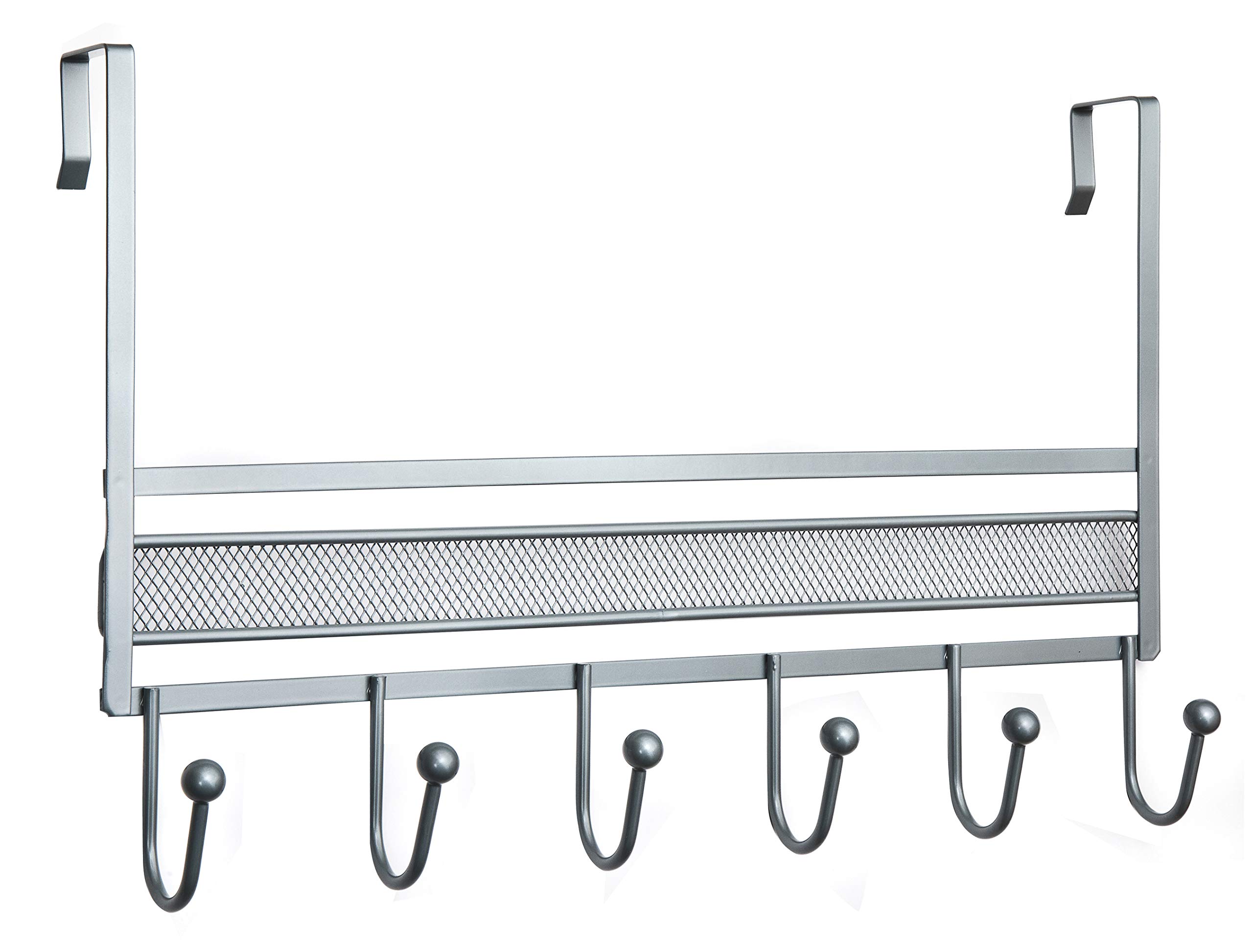 Amtido Over Door Hanger Hooks, 6 Hook Rack Organiser - Mesh Design - Matt Silver